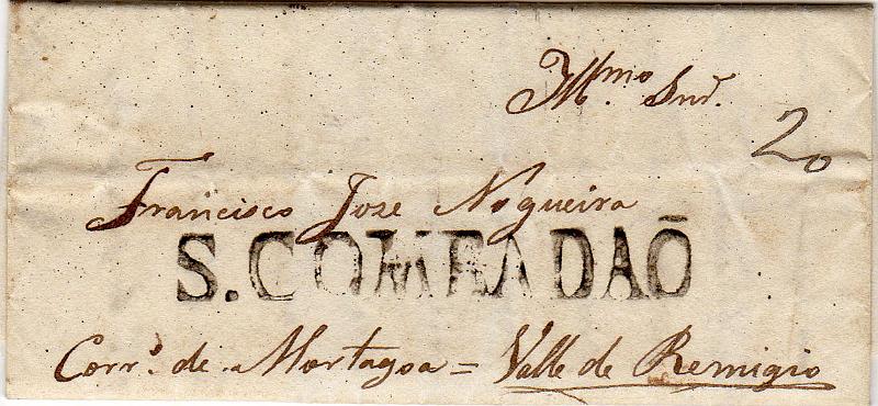 0328.jpg -     Lote:    328                   Descrição:         Santa Comba Dão &mdash; A sépia, GM SCD1 em carta datada de Anta (16.02.23) para Vale de Remígio com o porte de 20 reis manuscrito a sépia. Cor não catalogada. MB        Carta       Valor Base:     &euro; 40,00     Valor Venda:     &euro;      