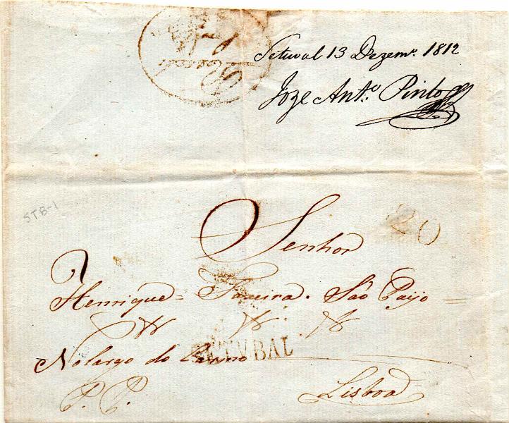 0332.jpg -     Lote:    332                   Descrição:         Setubal / Porte pago &mdash; A sépia, GM STB PP2 em carta datada de Setúbal (13.12.1812) para Lisboa, com o porte pago de 20 reis batido a sépia.        Carta       Valor Base:     &euro; 120,00     Valor Venda:     &euro;      