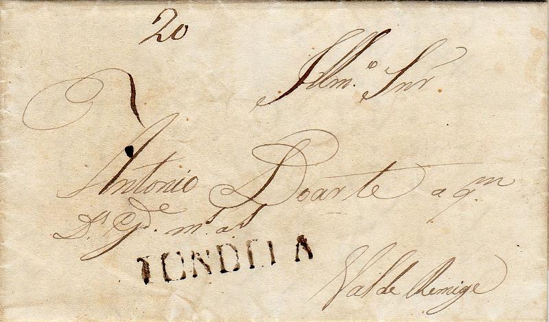 0334.jpg -     Lote:    334                   Descrição:         Tondela &mdash; A sépia, GM TND1 em carta não datada, remetida para Vale de Remígio, com o porte de 20 reis manuscrito a sépia.        Carta       Valor Base:     &euro; 12,00     Valor Venda:     &euro;      