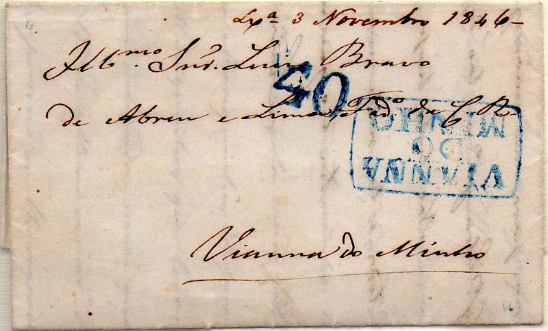 0338.jpg -     Lote:    338                   Descrição:         Vianna do Minho &mdash; A azul, GM VCT9 (tamanho da cercadura reduzido) em carta datada de Paris (22.10.46) para Viana do Minho, com o porte de 40 reis batido a azul. Carta remetida provavelmente em mão com trânsito por Lisboa (03.11.46), tendo levado no destino a marca do correio e porteada em 40 reis. R e MB.        Carta       Valor Base:     &euro; 40,00     Valor Venda:     &euro;      
