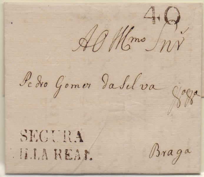 0343.jpg -     Lote:    343                   Descrição:         Vila Real / Segura &mdash; A sépia, VRL-S1 em carta datada de Vila Real (11.03.1813) para Braga, com o porte de 40 reis batido a sépia. MB e R.        Carta       Valor Base:     &euro; 100,00     Valor Venda:     &euro;      
