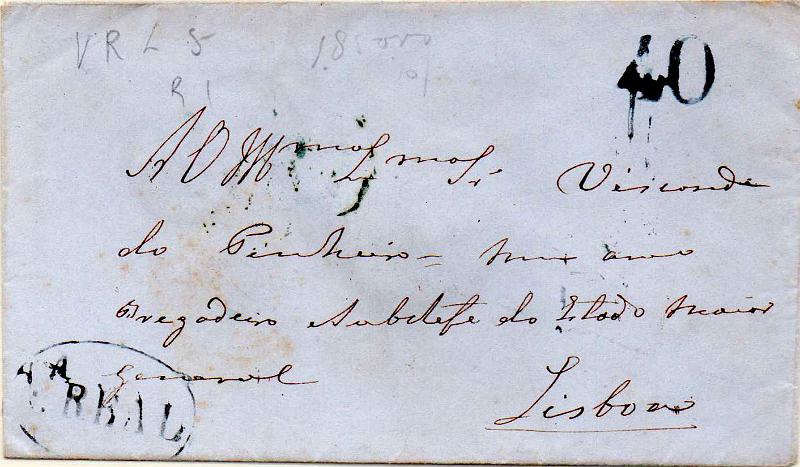 0344.jpg -     Lote:    344                   Descrição:         Vila Real &mdash; A preto, GM VRL5 Em carta datada de Vila Real (03.01.53) para Lisboa (07.01.53) com trânsito pelo Porto (04.01.53), com o porte de 40 reis batido a preto.        Carta       Valor Base:     &euro; 10,00     Valor Venda:     &euro;      
