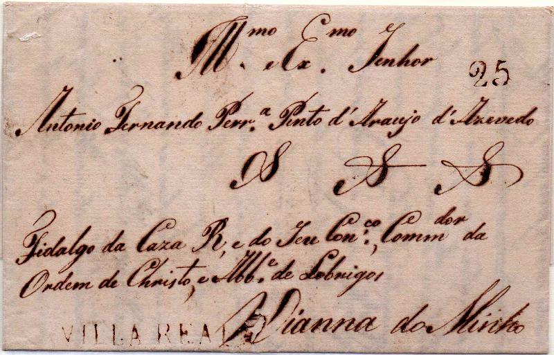 0346.jpg -     Lote:    346                   Descrição:         Vila Real &mdash; A sépia, GM VRL1, em carta datada de Vila Real (24.02.1819) para Viana do Minho, com o porte de 25 reis batido a sépia.        Carta       Valor Base:     &euro; 25,00     Valor Venda:     &euro;      