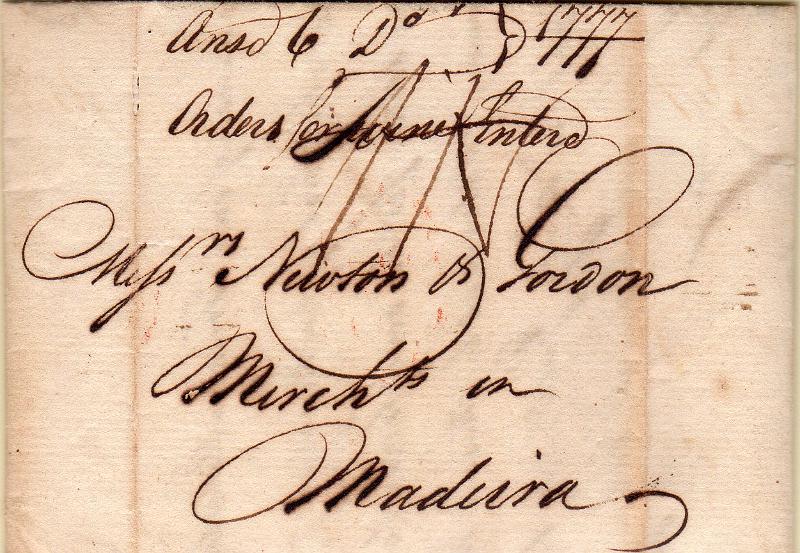 0347.jpg -     Lote:    347                   Descrição:         Madeira * Correios-mores. Sobrescrito circulado de Londres (01.01.1877) para a Madeira (02.02.1777). Carimbo circular a sépia no verso "L / IA".        Carta       Valor Base:     &euro; 30,00     Valor Venda:     &euro;      