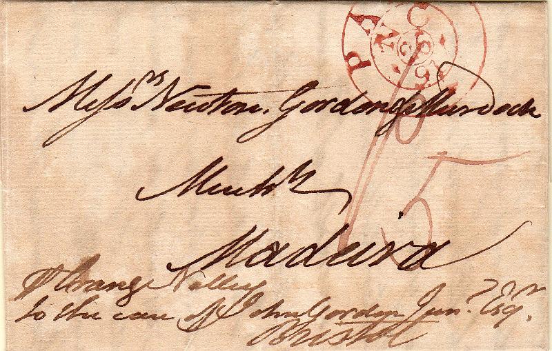 0348.jpg -     Lote:    348                   Descrição:         Correios-Mores. Carta circulada de Londres (24.11.1791 para a Madeira (31.12.1791) com o porte inglês de 1/5. MB.        Carta       Valor Base:     &euro; 50,00     Valor Venda:     &euro;      