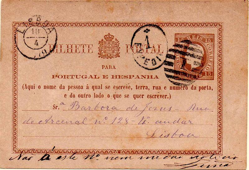0353.jpg -     Lote:    353                   Descrição:         1878/79 &mdash; D. Luís I. Fita direita. Impressão em relevo. OM1, 15 reis castanho-vermelho. Circulado em Lisboa (18.04.1879).        IC       Valor Base:     &euro; 15,00     Valor Venda:     &euro;      