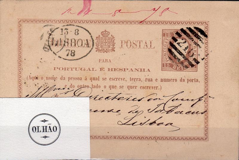 0354.jpg -     Lote:    354                   Descrição:         1878/79 &mdash; D. Luís I, fita direita. Impressão em relevo. OM1, 15 reis castanho-vermelho. Circulado de Olhão (12.08.78) para Lisboa (13.08.78). Carimbo nominativo batido a preto "OLHÃO" e numérico da 2.ª reforma "216". MB.        IC       Valor Base:     &euro; 60,00     Valor Venda:     &euro;      