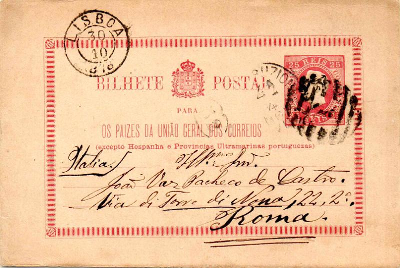 0355.jpg -     Lote:    355                   Descrição:         1878/79 &mdash; D. Luís I. Fita direita. Impressão em relevo. OM2, 25 reis carmim, cartolina média rugosa. Circulado de Lisboa (30.10.78) para Roma.        IC       Valor Base:     &euro; 15,00     Valor Venda:     &euro;      