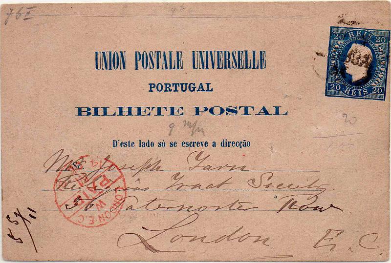 0357.jpg -     Lote:    357                   Descrição:         1879 &mdash; D. Luís I. Fita direita. Impressão em relevo. OM4c, 20 reis azul. Circulado de Lisboa (10.12.81) para Londres (14.12.81). Selo com a impressão do selo completamente deslocada e inclinado.        IC       Valor Base:     &euro; 100,00     Valor Venda:     &euro;      