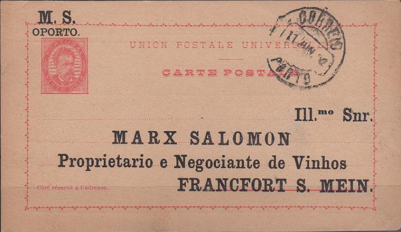 0360.jpg -     Lote:    360                   Descrição:         1884/87 &mdash; D. Luís I, de frente. OM10, 20 reis rosa. Circulado do Porto (11.06.92) para Francfort S. Mein. Repicado por "MARX SALOMON". B e R.        IC       Valor Base:     &euro; 15,00     Valor Venda:     &euro;      