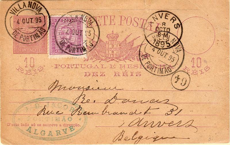 0361.jpg -     Lote:    361                   Descrição:         1892/95 &mdash; D. Carlos I, Diogo Neto. OM13, 10 reis lilás-castanho. Circulado de Vila Nova de Portimão (04.10.95) para a Bélgica (08.10.95) com selo adicional CE69, 10 reis, denteado 12 &frac12;, papel pontinhado.        IC       Valor Base:     &euro; 14,00     Valor Venda:     &euro;      