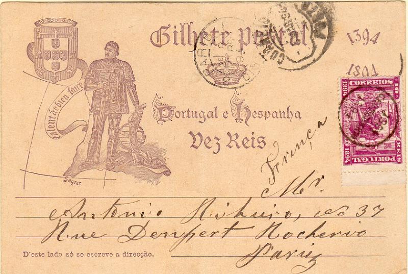0364.jpg -     Lote:    364                   Descrição:         1894 &mdash; V Centenário do Nascimento do Infante D. Henrique. OM20, 10 reis lilás-cinzento. Circulado do Porto (05.03.94) para Paris com selos adicional CE99, 10 reis.        IC       Valor Base:     &euro; 45,00     Valor Venda:     &euro;      
