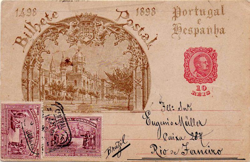 0368.jpg -     Lote:    368                   Descrição:         1898 &mdash; 4.º Centenário do Descobrimento do Caminho Marítimo para a Índia. OM29B, 10 reis lilás-rosa, circulado de Lisboa (09.04.98) para o Rio de Janeiro com 2 selos adicionais de 10 reis do Centenário da Índia, perfazendo o correcto porte de 30 reis. MB.        IC       Valor Base:     &euro; 15,00     Valor Venda:     &euro;      