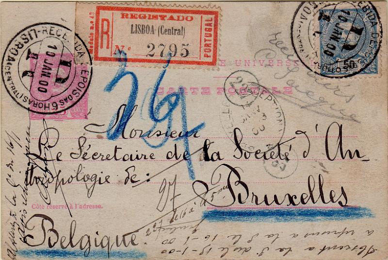 0369.jpg -     Lote:    369                   Descrição:         1899 &mdash; D. Carlos I Mouchon. OM32, 25 reis rosa. Circulado registado de Lisboa (10.01,00) para Bruxelas (14.01,00) com selo adicional de 50 reis CE132. Obliterados com carimbo batido a preto "RECEBIDA DEPOIS DAS 6 HORAS / R / LISBOA (CENTRAL). MB e MR.        IC       Valor Base:     &euro; 200,00     Valor Venda:     &euro;      