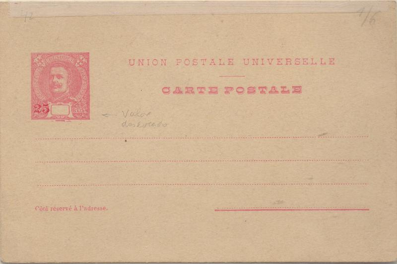 0370.jpg -     Lote:    370                   Descrição:         IN 1904 &mdash; S. Carlos I Mouchon. OM36, 25 reis carmim sobre cartolina creme. Inteiro novo SEM IMPRESSÃO DA TAXA.        IN       Valor Base:     &euro; 15,00     Valor Venda:     &euro;      