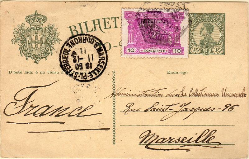 0373.jpg -     Lote:    373                   Descrição:         1910 &mdash; D. Manuel II. OM48, 10 reis. Circulado do Porto para Marselha (11.12.11) com selo adicional de 10 reis CE193.        IC       Valor Base:     &euro; 25,00     Valor Venda:     &euro;      