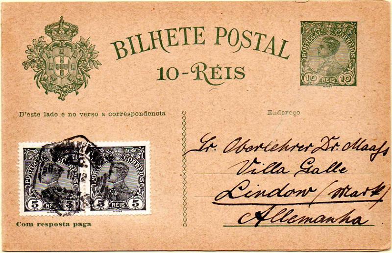 0375.jpg -     Lote:    375                   Descrição:         1910 &mdash; D. Manuel II. OM50, 10+10 reis verde. Circulado com par de selos tipo D. Manuel II de 5 reis CE157 de Lisboa (20.07.10) para a Alemanha.        IC       Valor Base:     &euro; 12,00     Valor Venda:     &euro;      
