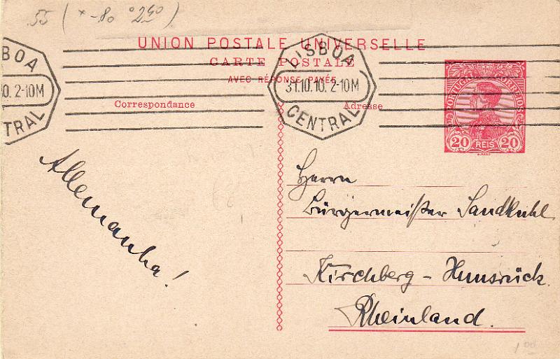 0376.jpg -     Lote:    376                   Descrição:         1910 &mdash; D. Manuel II. OM51, 20+20 reis carmim. Circulado de Lisboa (31.10.10) para a Alemanha.        IC       Valor Base:     &euro; 10,00     Valor Venda:     &euro;      