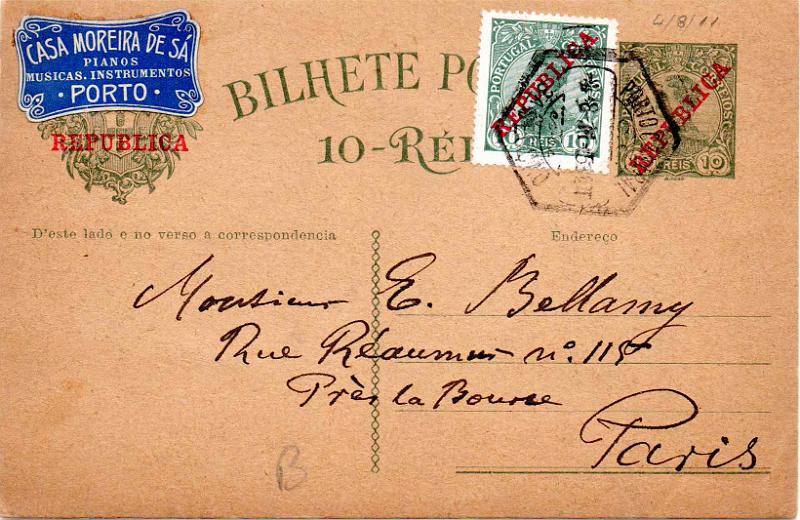 0378.jpg -     Lote:    378                   Descrição:         1910 &mdash; D. Manuel II com sobrecarga REPUBLICA. OM52, 10 reis, com adicional de 10 reis tipo D. Manuel II com sobrecarga REPUBLICA, CE172, circulado do Porto (04.08.11) para Paris. Inteiro com vinheta da Casa Moreira de Sá.        IC       Valor Base:     &euro; 8,00     Valor Venda:     &euro;      