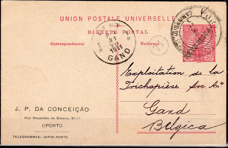 0379.jpg -     Lote:    379                   Descrição:         1910 &mdash; D. Manuel II, com sobrecarga REPUBLICA. OM53, 20 reis carmim, circulado do PORTO / CAMINHOS DE FERRO CENTRAL (28.07.11) para Gand (31.07.11). Repicado por "J. P. DA CONCEIÇÃO". MB e MR.        IC       Valor Base:     &euro; 25,00     Valor Venda:     &euro;      