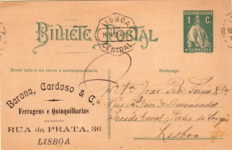 0382.jpg -     Lote:    382                   Descrição:         1912 &mdash; Ceres. OM56, 1C verde escuro. Circulado em Lisboa (18.11.12). Repicado por "BARONA, CARDOSO & C.ª".        IC       Valor Base:     &euro; 10,00     Valor Venda:     &euro;      