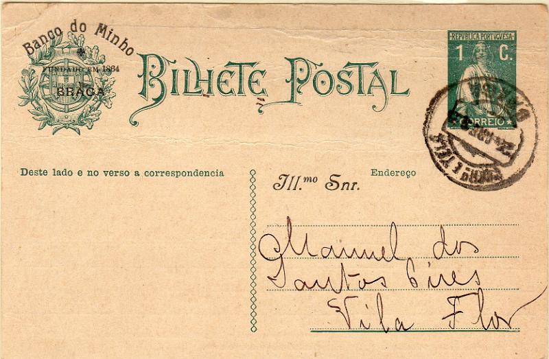 0384.jpg -     Lote:    384                   Descrição:         1912 &mdash; Ceres. OM59, 1C verde. Circulado de Braga (24.04.15) para Vila Flor. Repicado pelo "BANCO DO MINHO / FUNDADO EM 1864 / BRAGA".        IC       Valor Base:     &euro; 10,00     Valor Venda:     &euro;      