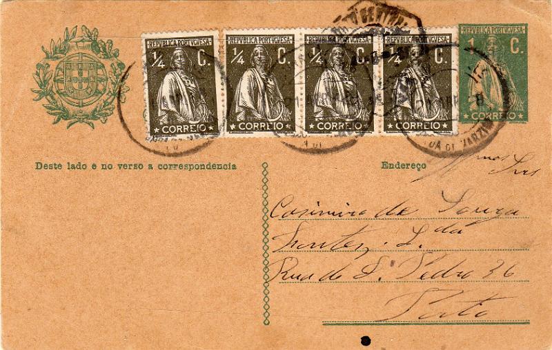 0385.jpg -     Lote:    385                   Descrição:         1912 &mdash; Ceres, com o Escudo Nacional à esquerda. OM59, 1C verde sobre cartolina camurça. Circulado da Póvoa de Varzim (21.04.18) para o Porto com 4 selos adicionais de &frac14; c tipo Ceres, denteado 15x14, CE206.         IC       Valor Base:     &euro; 10,00     Valor Venda:     &euro;      