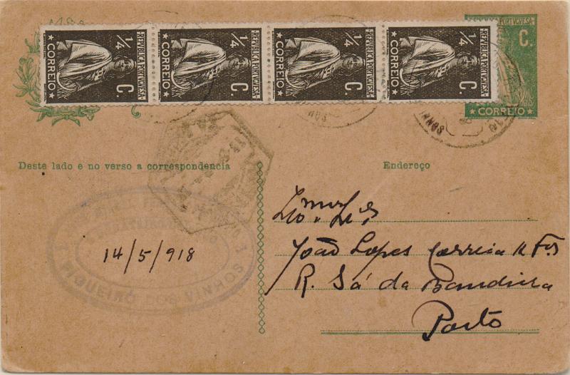 0386.jpg -     Lote:    386                   Descrição:         1912 &mdash; Ceres. OM59, 1C verde sobre cartolina camurça, grossa e rugosa. Circulado de Figueiró dos Vinhos (14.05.18) para o Porto (15.05.16) com tira de 4 selos tipo Ceres de &frac14; c, denteado 15x14. MB.        IC       Valor Base:     &euro; 12,00     Valor Venda:     &euro;      