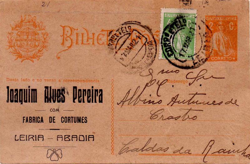 0387.jpg -     Lote:    387                   Descrição:         1918/20 &mdash; Ceres. OM61, 2c ocre. Circulado de Leiria (17.03.21) para Caldas da Rainha com selo adicional de 4c CE226. Repicado por JOAQUIM ALVES PEREIRA.        IC       Valor Base:     &euro; 10,00     Valor Venda:     &euro;      