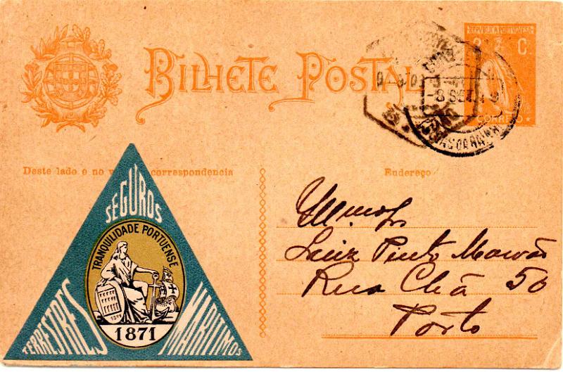 0388.jpg -     Lote:    388                   Descrição:         1918 &mdash; Ceres. OM61, 2c ocre. Circulado de Caldas da Rainha (08.09.19) para o Porto, com vinheta da Tranquilidade Portuense &mdash; Seguros. MB.        IC       Valor Base:     &euro; 10,00     Valor Venda:     &euro;      