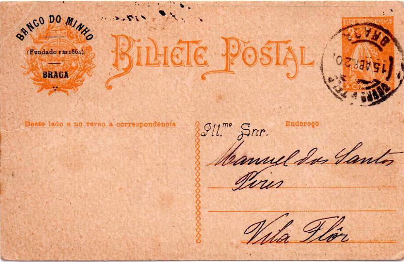 0389.jpg -     Lote:    389                   Descrição:         1918 &mdash; Ceres. OM61 ocre. Circulado de Braga (15.04.20) para Vila Flor. Repicado pelo BANCO DO MINHO (frente e verso).        IC       Valor Base:     &euro; 10,00     Valor Venda:     &euro;      