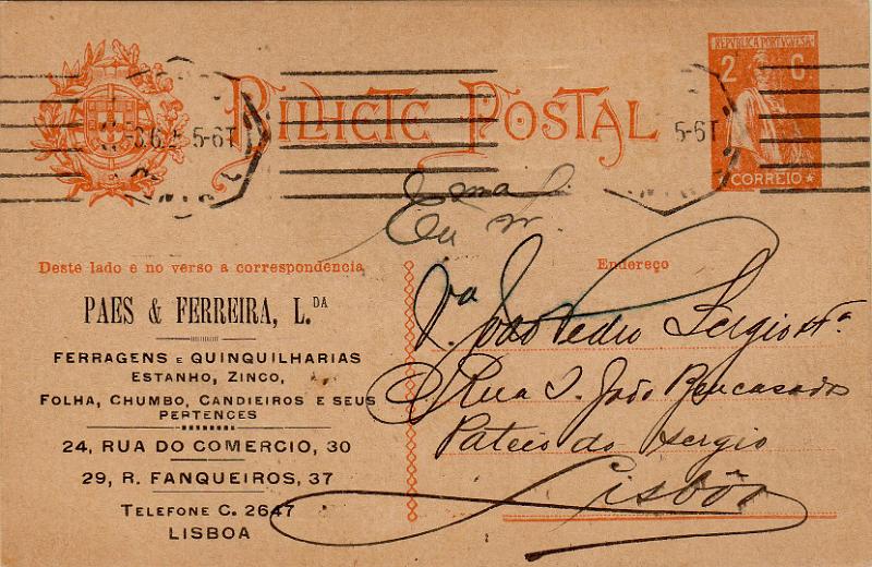 0390.jpg -     Lote:    390                   Descrição:         1918/20 &mdash; Ceres. OM61, 2C ocre. Circulado em Lisboa (03.06.18). Repicado por "PAIS & FERREIRA, Ld.ª".        IC       Valor Base:     &euro; 10,00     Valor Venda:     &euro;      
