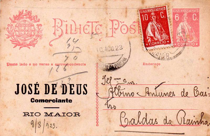 0391.jpg -     Lote:    391                   Descrição:         192&frac12;2 &mdash; Ceres. OM68, 6c rosa. Circulado de Rio Maior (09.08.23) para Caldas da Rainha, com selo adicional de 10c CE215. Repicado por JOSÉ DE DEUS.        IC       Valor Base:     &euro; 8,00     Valor Venda:     &euro;      