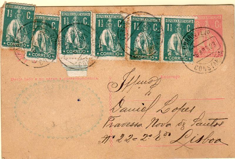 0392.jpg -     Lote:    392                   Descrição:         192&frac12;2 &mdash; Ceres. Aumento de porte. OM68, 6C rosa escuro. Circulado de Constância (06.03.23) para Lisboa, com 6 selos adicionais de 1 &frac12; c verde tipo Ceres CE222. MB.        IC       Valor Base:     &euro; 18,00     Valor Venda:     &euro;      