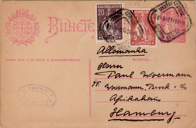 0393.jpg -     Lote:    393                   Descrição:         192&frac12;2 &mdash; Ceres. Aumento de porte. OM68, 6C rosa escuro sobre cartolina camurça. Circulado de Lisboa (28.09.21) para a Alemanha com selos adicionais tipo Ceres de 20C castanho, denteado 15x14, papel liso CE240 e 10C CE215. B e R.        IC       Valor Base:     &euro; 25,00     Valor Venda:     &euro;      
