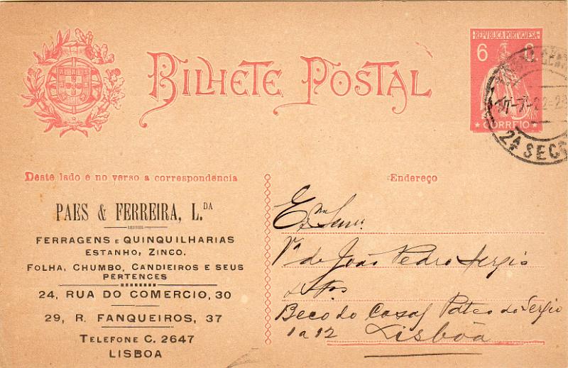 0394.jpg -     Lote:    394                   Descrição:         192&frac12;2 &mdash; Ceres. Aumento de porte. OM68, 6C rosa escuro. Circulado em Lisboa (17.07.22). Repicado por "PAES & FERREIRA, Ld.ª".        IC       Valor Base:     &euro; 10,00     Valor Venda:     &euro;      