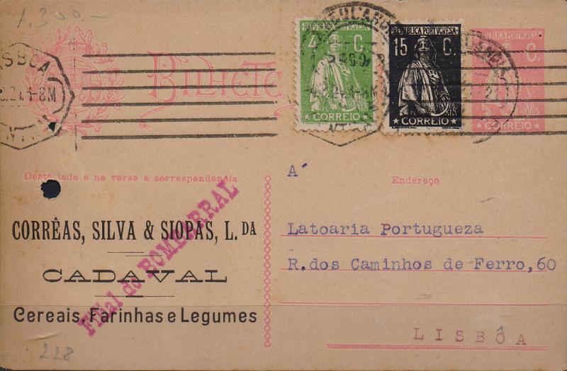 0395.jpg -     Lote:    395                   Descrição:         192&frac12;2 &mdash; Ceres. OM68, 6C rosa. Circulado do Cadaval (03.07.24) para Lisboa, com selos adicionais Ceres de 15c preto e 4c verde. Repicado por CORRÊAS, SILVA & SIOPAS, LDA. Furo de arquivo.        IC       Valor Base:     &euro; 8,00     Valor Venda:     &euro;      