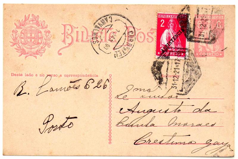 0396.jpg -     Lote:    396                   Descrição:         192&frac12;2 &mdash; Ceres. Aumento de porte. OM68, 6C rosa sobre cartolina creme, circulado do Porto (31.12.21) para Crestuma, com trânsito por Carvalhos (01.01,00 &mdash; erro datador) com selo adicional do Imposto Postal tipo Ceres, com sobrecarga ASSISTÊNCIA de 2c carmim. MB e R.        IC       Valor Base:     &euro; 30,00     Valor Venda:     &euro;      