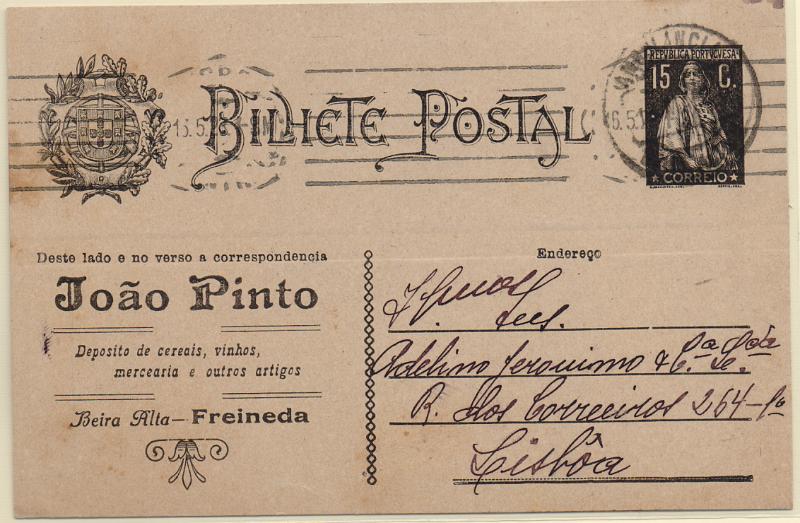 0397.jpg -     Lote:    397                   Descrição:         1923 &mdash; Ceres. OM73, 15c preto. Circulado de Freineda (15.05.23) para Lisboa (16.05.23). Repicado por JOÃO PINTO.        IC       Valor Base:     &euro; 10,00     Valor Venda:     &euro;      