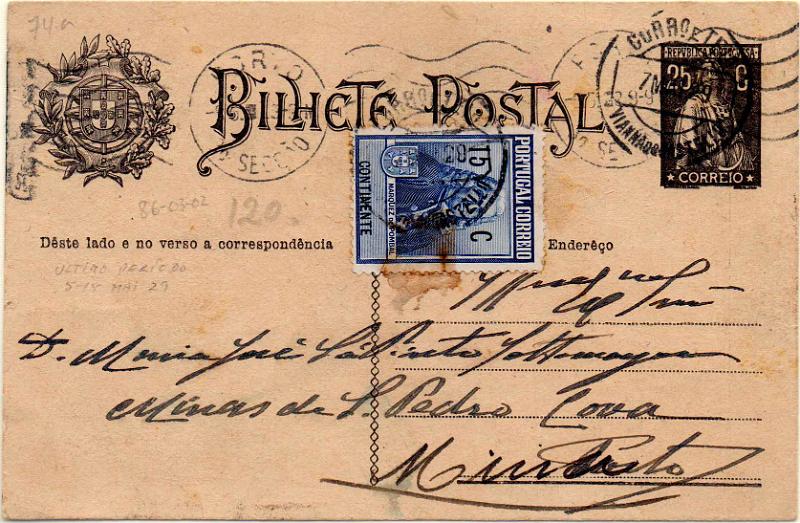 0398.jpg -     Lote:    398                   Descrição:         1924/26 &mdash; Ceres. OM74, 25c preto. Circulado de Viana do Castelo (07.05.29) para o Porto com adicional do imposto postal "Monumento ao Marquês de Pombal" de 15c CE IP18.        IC       Valor Base:     &euro; 10,00     Valor Venda:     &euro;      