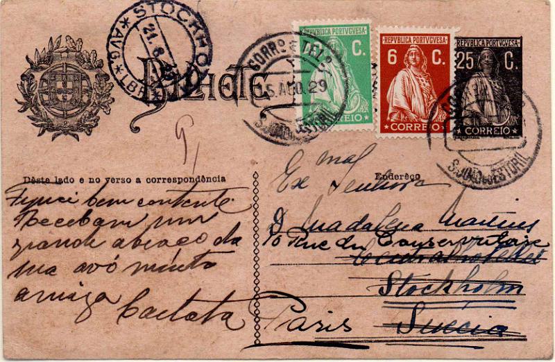 0399.jpg -     Lote:    399                   Descrição:         1924/26 &mdash; Ceres. OM74, 25c preto. Circulado de S. João do Estoril (15.03.29) para Estocolmo (21.08.29) e reencaminhado para Paris, com adicionais tipo Ceres de 40c CE406 e 6c CE400.        IC       Valor Base:     &euro; 10,00     Valor Venda:     &euro;      