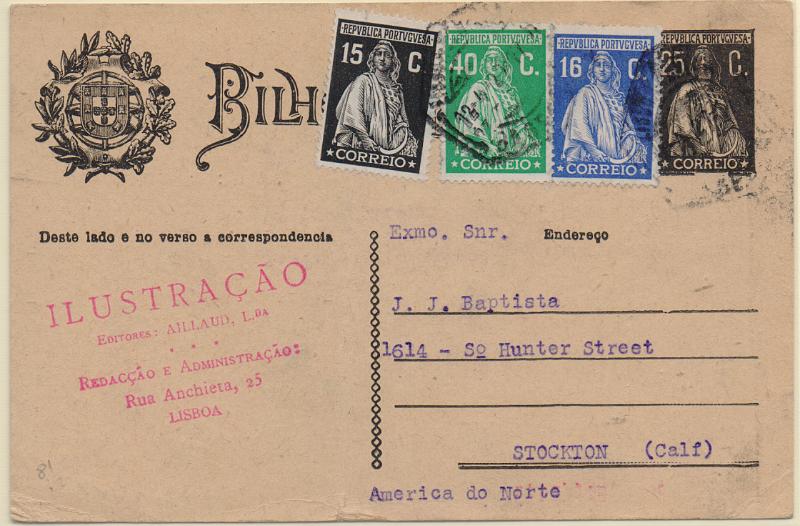 0401.jpg -     Lote:    401                   Descrição:         1924/26 &mdash; Ceres. OM74, 25c preto. Circulado de Lisboa (12.04.27) para os EUA com selos adicionais tipo Ceres * Emissão de Londres de 15c, 16c e 40c CE402/403 e 406, perfazendo o porte de 96c.        IC       Valor Base:     &euro; 12,00     Valor Venda:     &euro;      