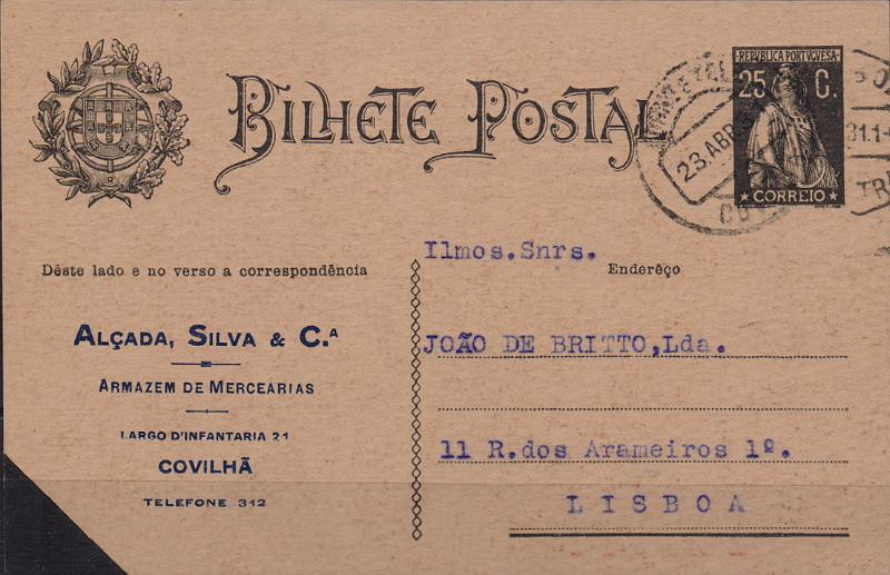 0402.jpg -     Lote:    402                   Descrição:         1924/26 &mdash; Ceres. OM74, 25c preto. Circulado da Covilhã (23.04.31) para Lisboa. Repicado por: ALÇADA, SILVA & C.ª.        IC       Valor Base:     &euro; 10,00     Valor Venda:     &euro;      