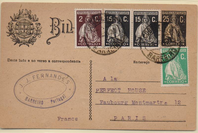 0403.jpg -     Lote:    403                   Descrição:         1924/26 &mdash; Ceres. OM74, 25C preto. Circulado do Barreiro (13.06.27) para Paris, com selos adicionais tipo Ceres de 2c, 15cx2 e 40c CE396, 402 e 406.        IC       Valor Base:     &euro; 12,00     Valor Venda:     &euro;      