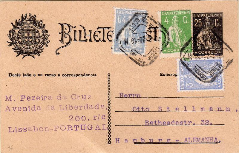 0404.jpg -     Lote:    404                   Descrição:         1924/26 &mdash; Ceres. Aumento de porte. OM74b, 25C preto. Circulado de Lisboa (04.03.25) para a Alemanha, com selos adicionais tipo Ceres de 3C, CE235, 4C CE226 e 64C CE285. MB e R.        IC       Valor Base:     &euro; 24,00     Valor Venda:     &euro;      