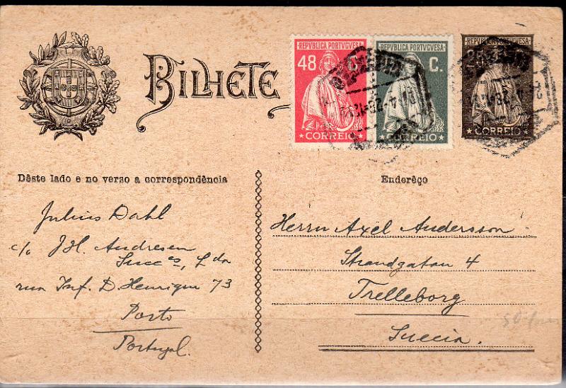 0405.jpg -     Lote:    405                   Descrição:         1924/26 &mdash; Ceres. OM74a, 25C preto. Circulado do Porto (22.04.28) para a Suécia, com selos adicionais tipo Ceres, emissão Londres de 25 e 48C CE404 e 407.        IC       Valor Base:     &euro; 15,00     Valor Venda:     &euro;      