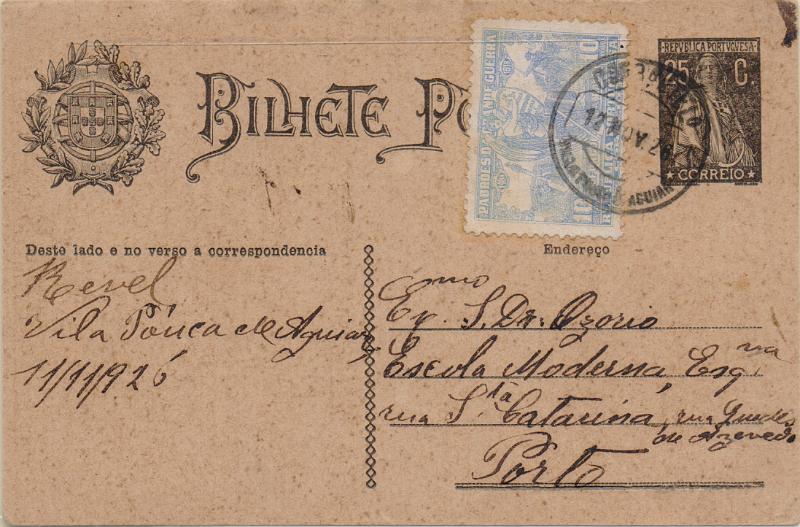 0406.jpg -     Lote:    406                   Descrição:         1924/26 &mdash; Ceres. OM74, 25c preto. Circulado de Vila Pouca de Aguiar (12.11.25) para o Porto, com selo adicional do imposto postal "Padrões da Grande Guerra" de 10c azul CE IP15.        IC       Valor Base:     &euro; 15,00     Valor Venda:     &euro;      