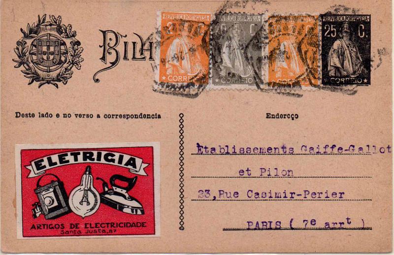 0407.jpg -     Lote:    407                   Descrição:         1924/26 &mdash; Ceres. OM74b, 25c preto. Circulado de Lisboa (30.04.25) para Paris, com adicionais Ceres de 50c CE244, 20c CE280 e 2c CE276, e vinheta da firma Eletricia. MB.        IC       Valor Base:     &euro; 12,00     Valor Venda:     &euro;      