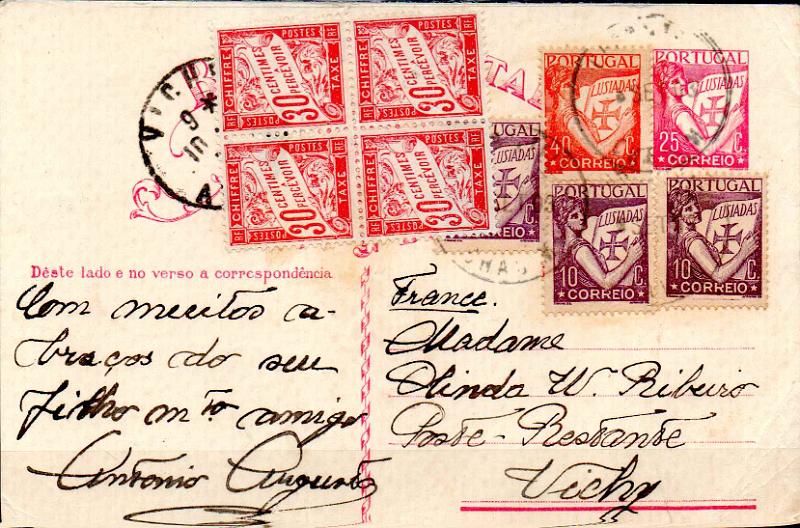 0408.jpg -     Lote:    408                   Descrição:         1931 &mdash; Selo tipo Lusíadas. OM80, 25c carmim, cartolina branca. Circulado de Chacim (01.09.33) para Vichy * França, com selos adicionais tipo Lusíadas, 3x10c e 40c. Remetido para a Posta Restante, foi porteada em França com 4 selos de 30c.        IC       Valor Base:     &euro; 20,00     Valor Venda:     &euro;      
