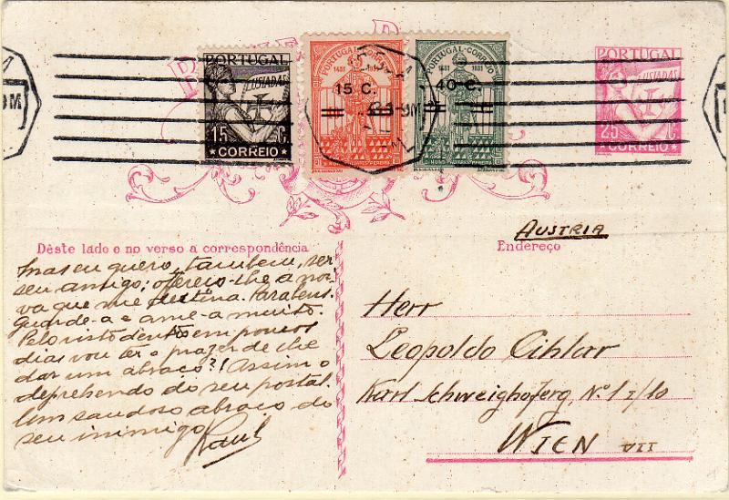 0409.jpg -     Lote:    409                   Descrição:         1931 &mdash; Lusíadas. OM80, 25C carmim. Circulado de Lisboa (18.10.33) para Viena com selos adicionais Lusíadas de 15C CE517 + 15C s/ 40C e 40C s/ 25C D. Nuno Alvares Pereira c/ sobretaxa, CE548 e 550.        IC       Valor Base:     &euro; 30,00     Valor Venda:     &euro;      